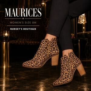 Maurices Leopard Print Ankle Booties Women’s 8M Pointed Toe Block Heel Zip
